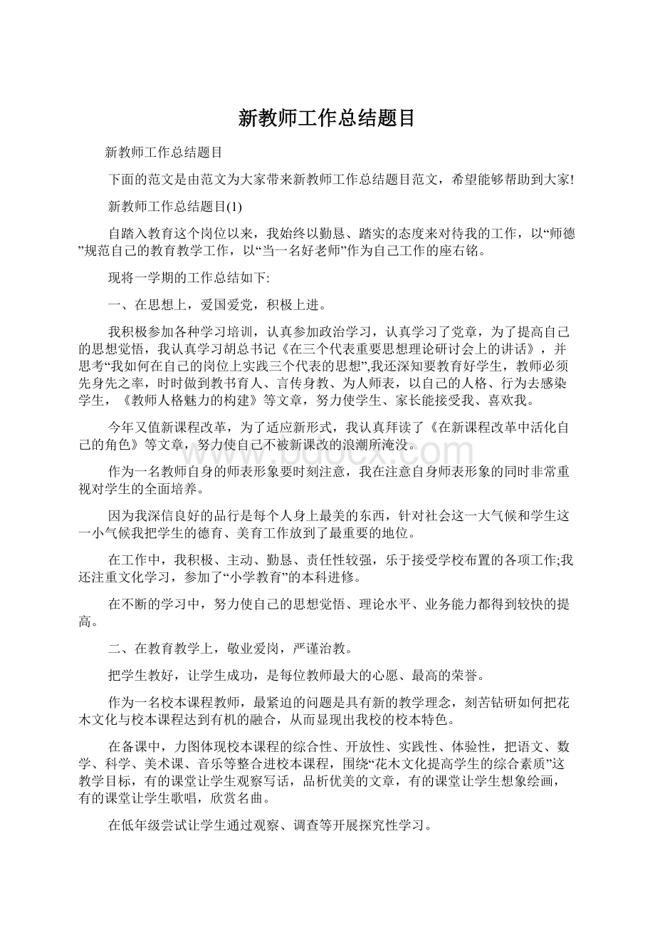 新教师工作总结题目Word格式.docx