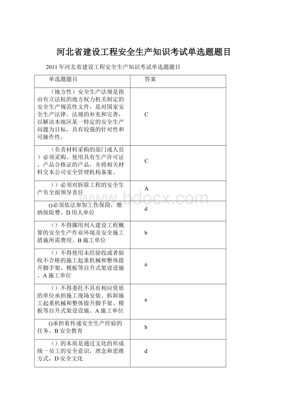 河北省建设工程安全生产知识考试单选题题目.docx