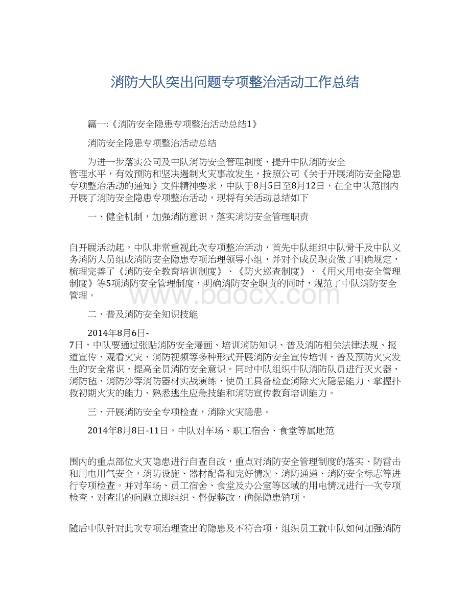 消防大队突出问题专项整治活动工作总结.docx