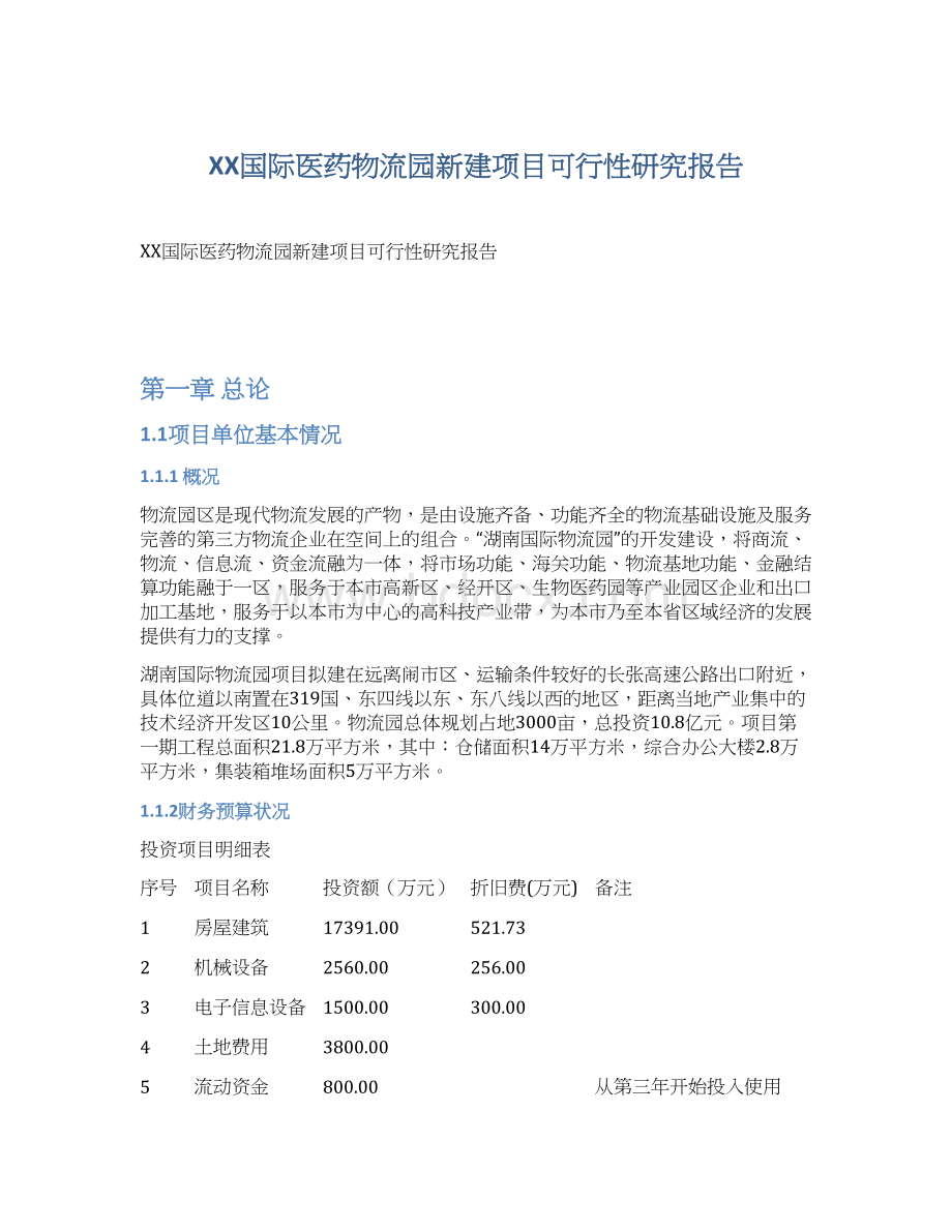 XX国际医药物流园新建项目可行性研究报告Word文档下载推荐.docx_第1页