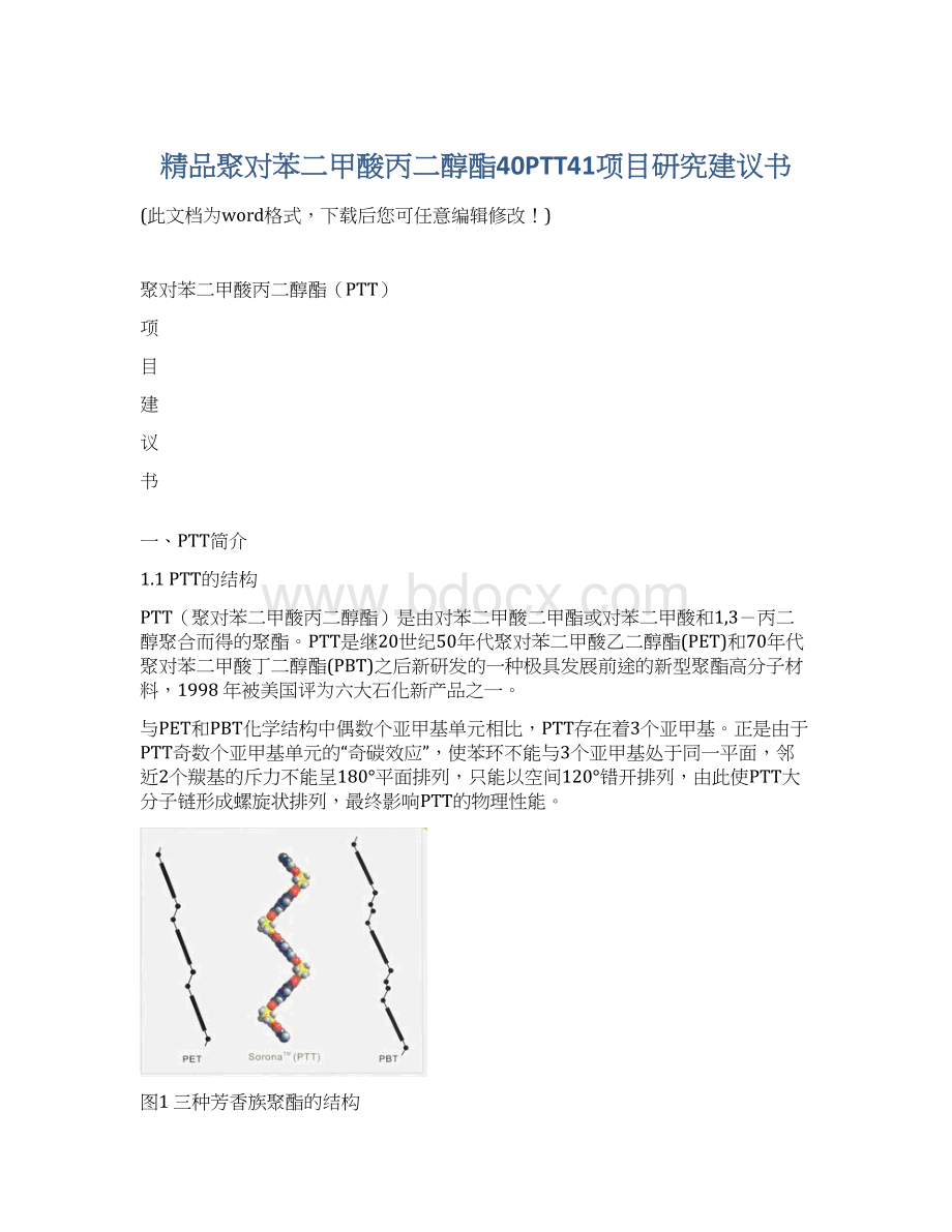 精品聚对苯二甲酸丙二醇酯40PTT41项目研究建议书Word文档格式.docx