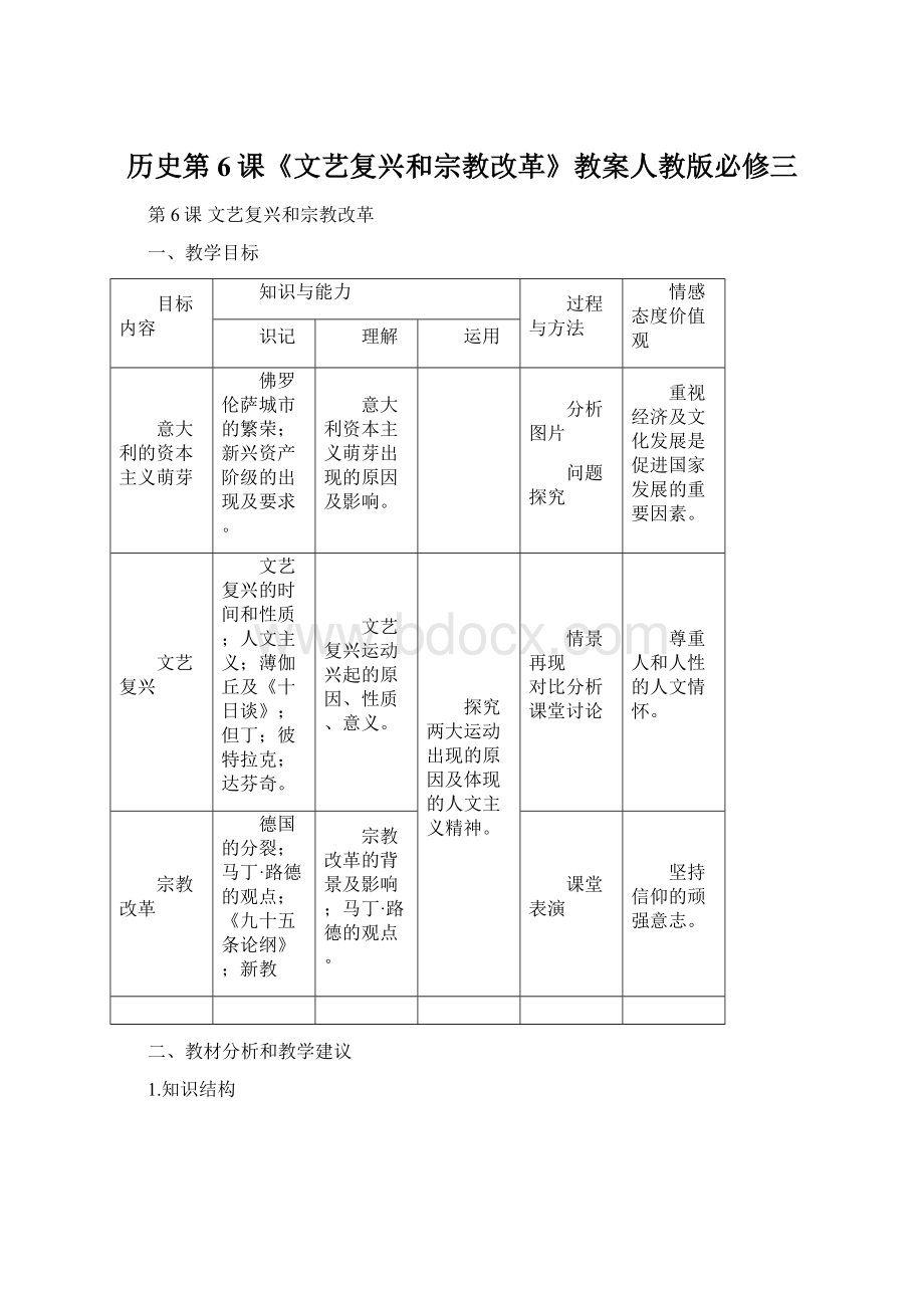 历史第6课《文艺复兴和宗教改革》教案人教版必修三Word下载.docx