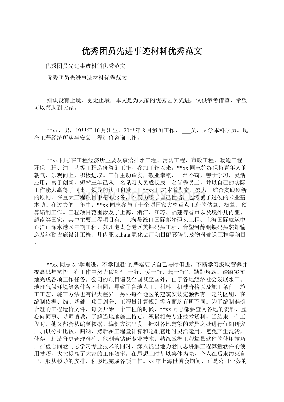 优秀团员先进事迹材料优秀范文文档格式.docx