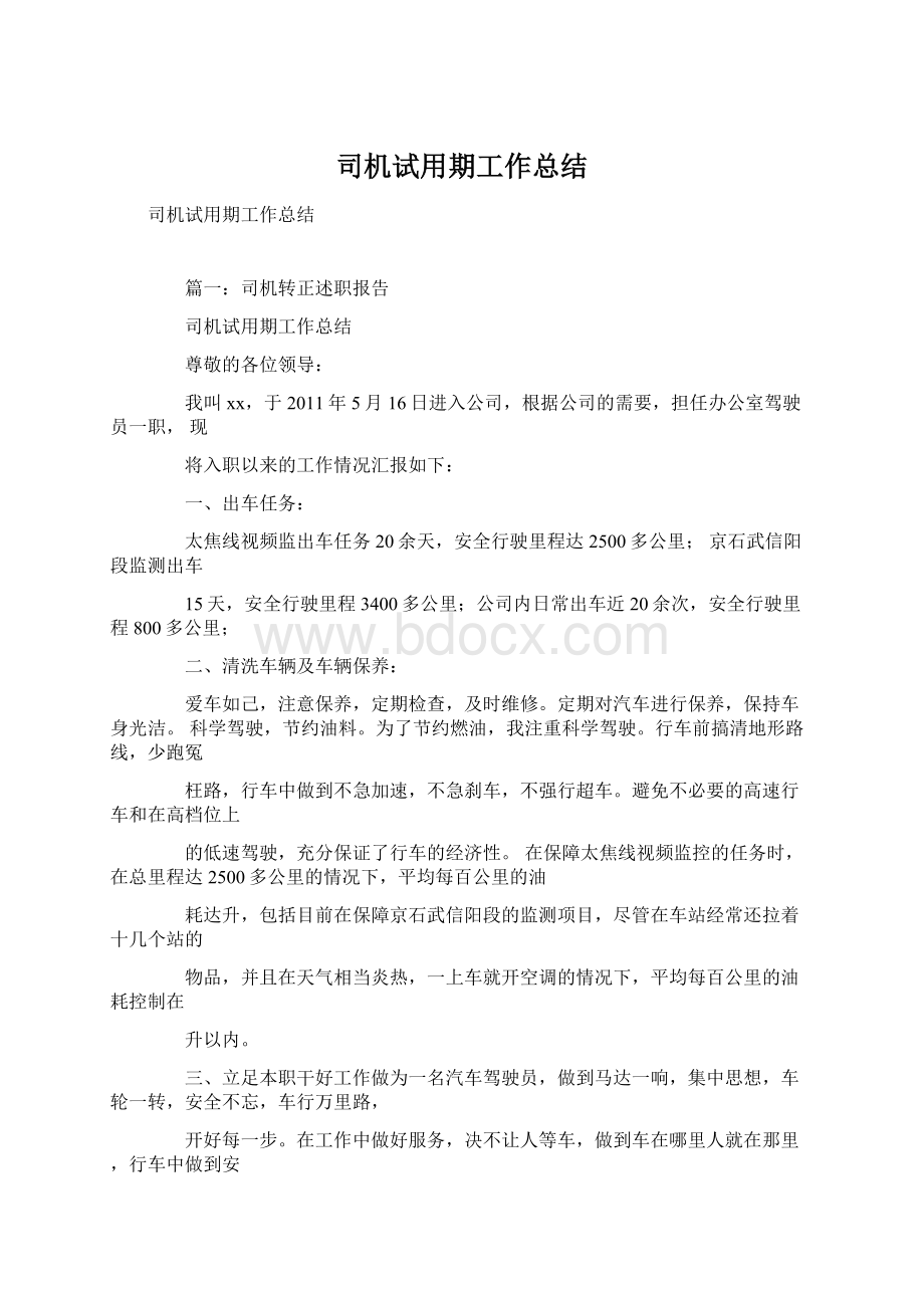 司机试用期工作总结Word文档下载推荐.docx