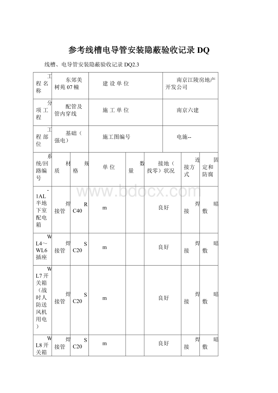 参考线槽电导管安装隐蔽验收记录DQ文档格式.docx