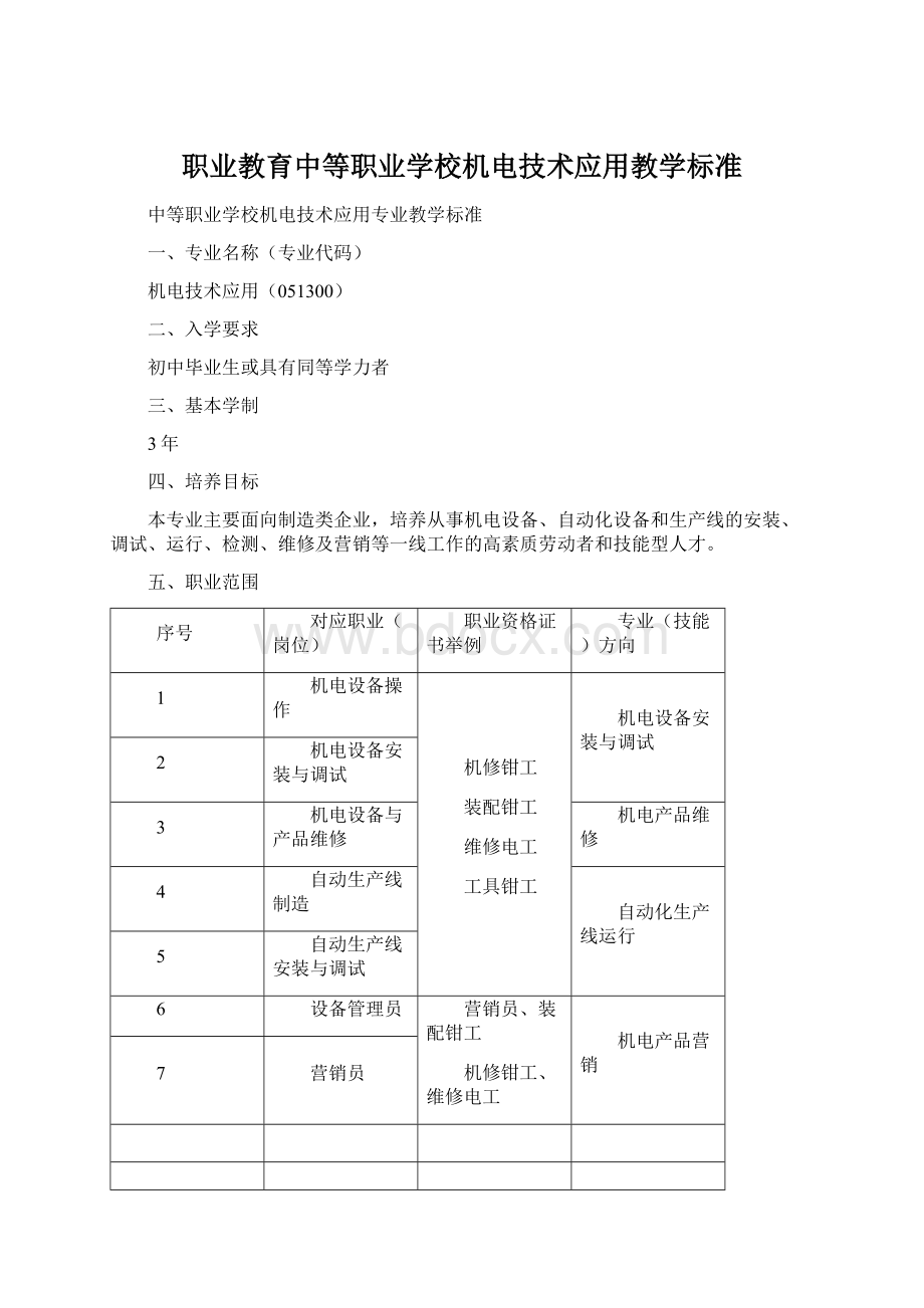 职业教育中等职业学校机电技术应用教学标准Word格式文档下载.docx_第1页