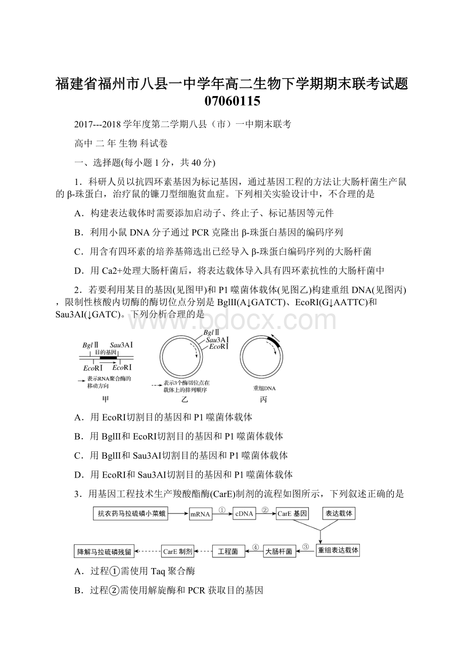 福建省福州市八县一中学年高二生物下学期期末联考试题07060115文档格式.docx