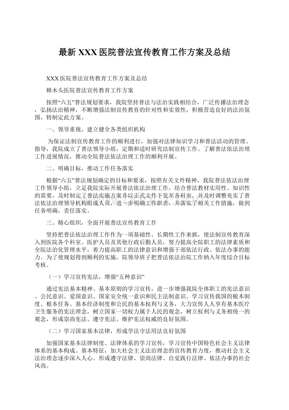 最新XXX医院普法宣传教育工作方案及总结Word文档下载推荐.docx