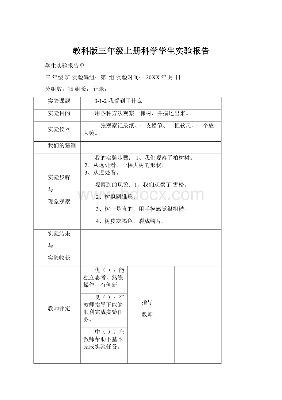 教科版三年级上册科学学生实验报告.docx_第1页