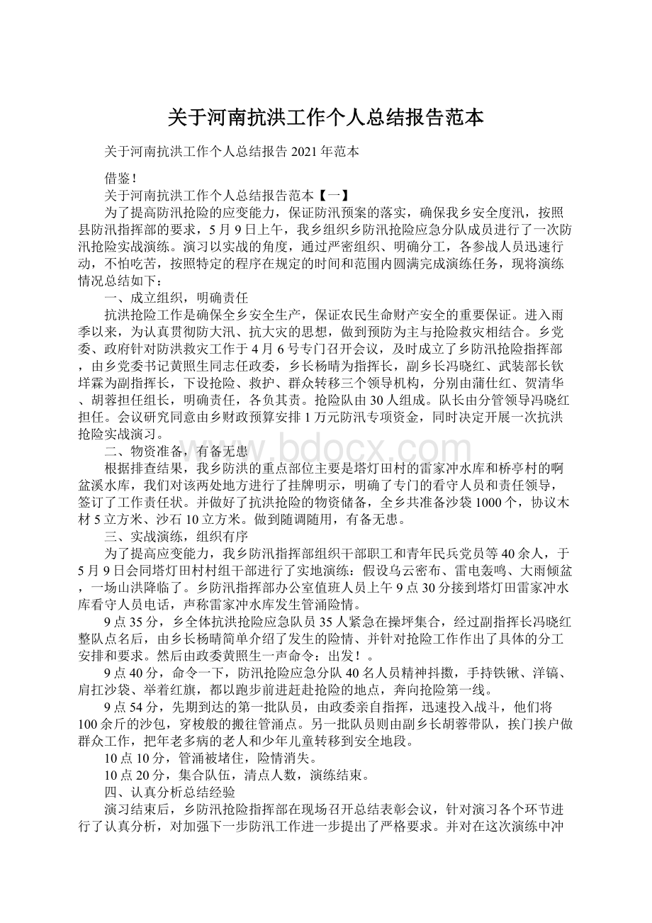 关于河南抗洪工作个人总结报告范本Word格式文档下载.docx