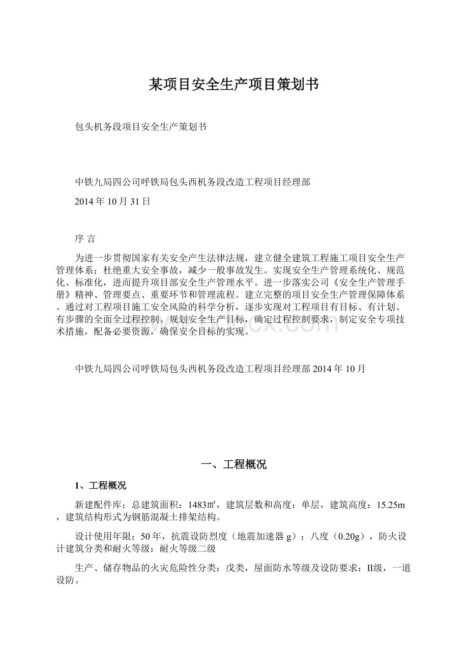 某项目安全生产项目策划书.docx_第1页