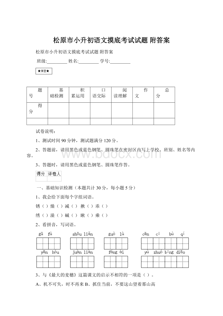 松原市小升初语文摸底考试试题 附答案.docx