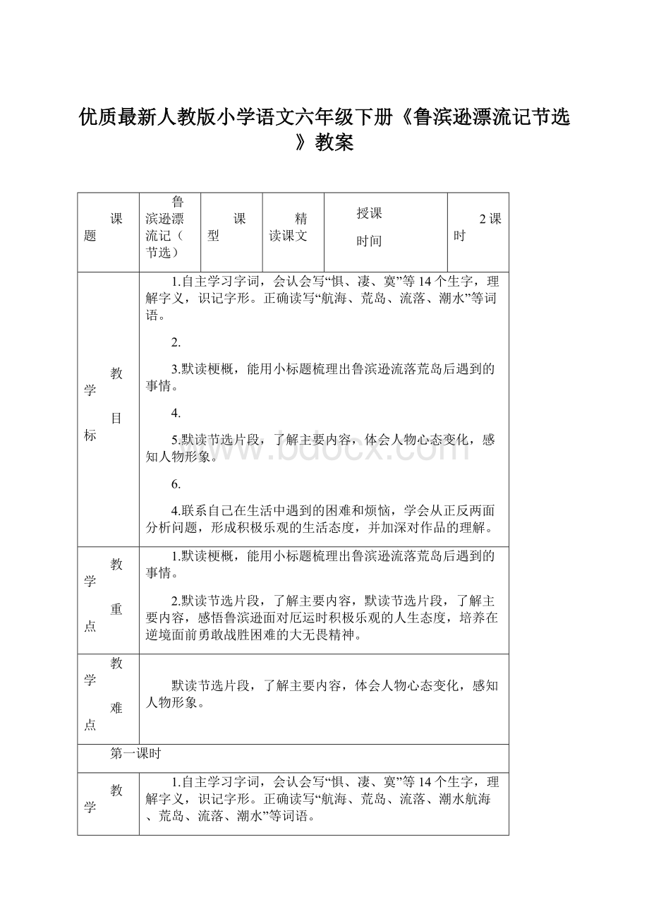 优质最新人教版小学语文六年级下册《鲁滨逊漂流记节选》教案Word格式文档下载.docx_第1页