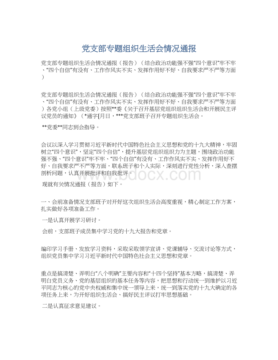 党支部专题组织生活会情况通报Word文件下载.docx