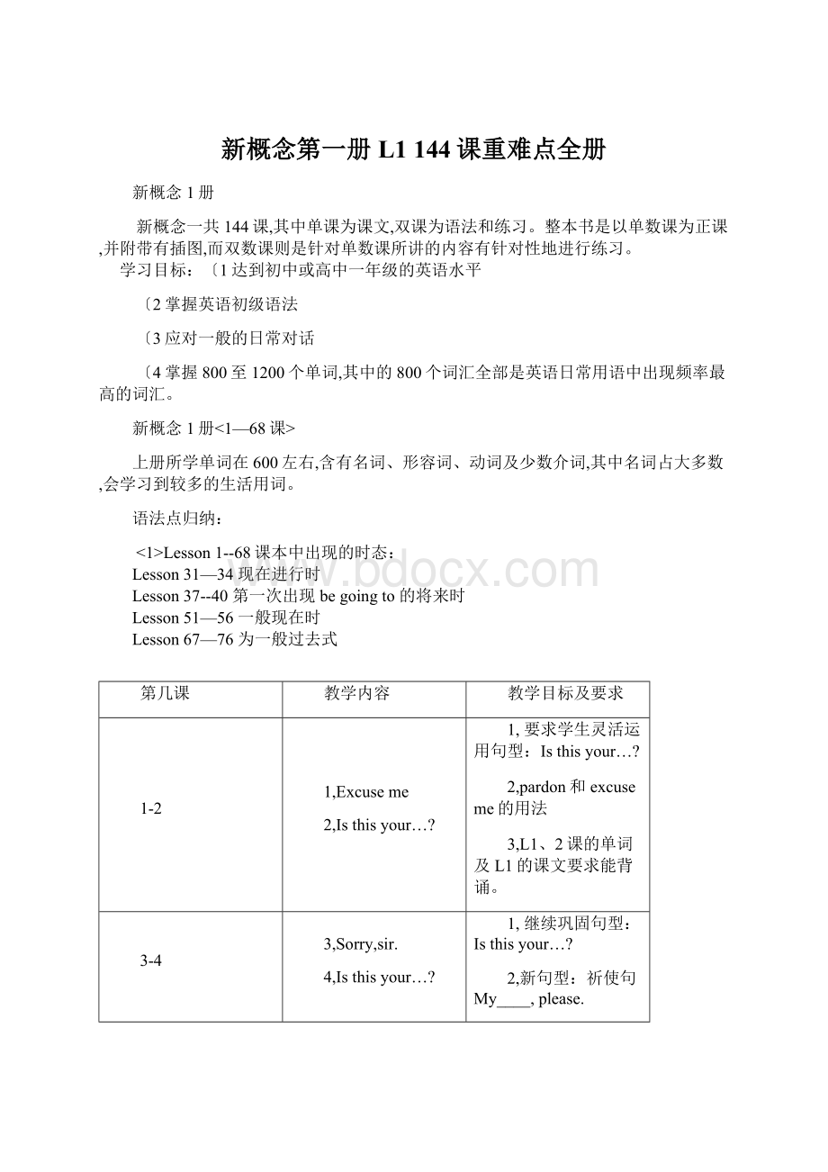 新概念第一册L1 144课重难点全册.docx