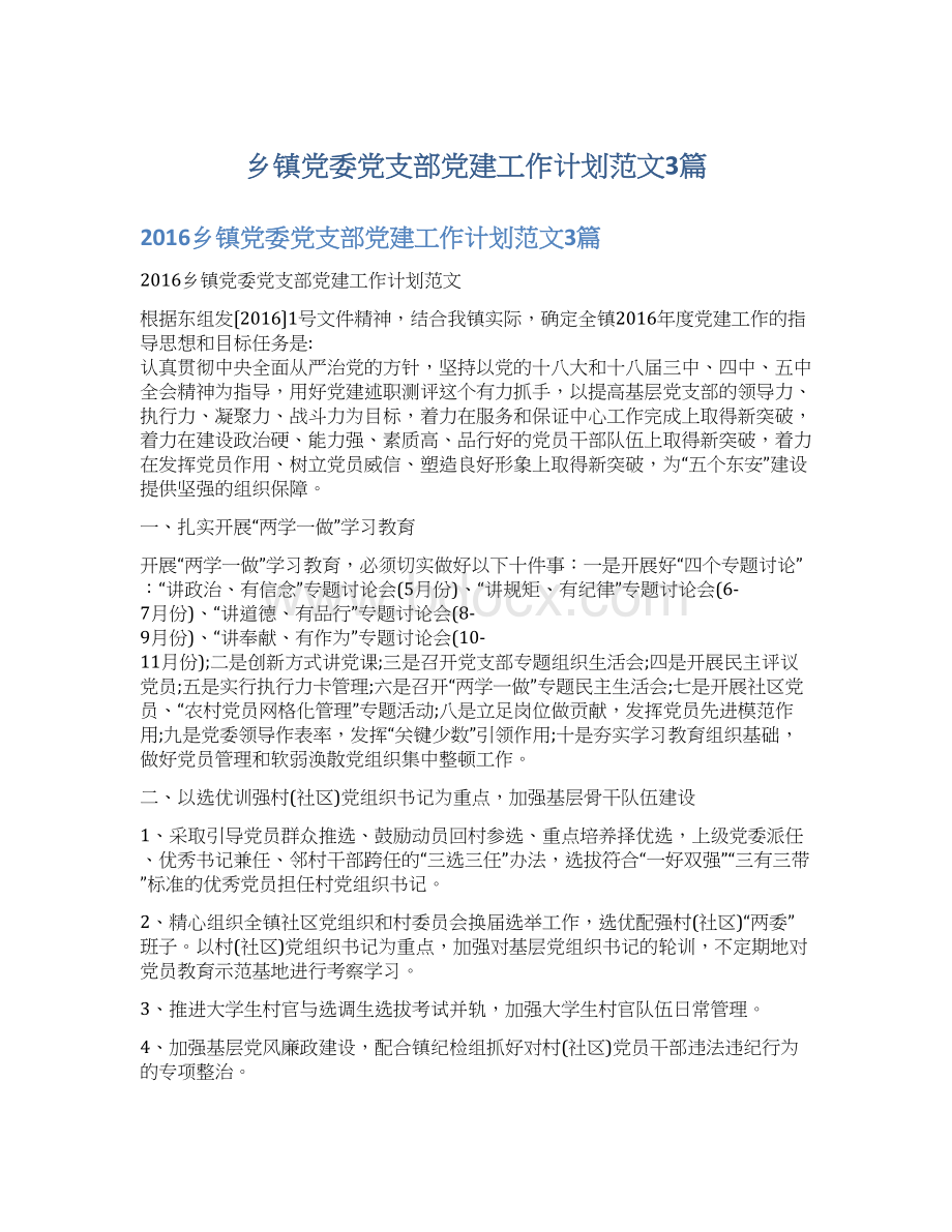 乡镇党委党支部党建工作计划范文3篇Word文档下载推荐.docx_第1页