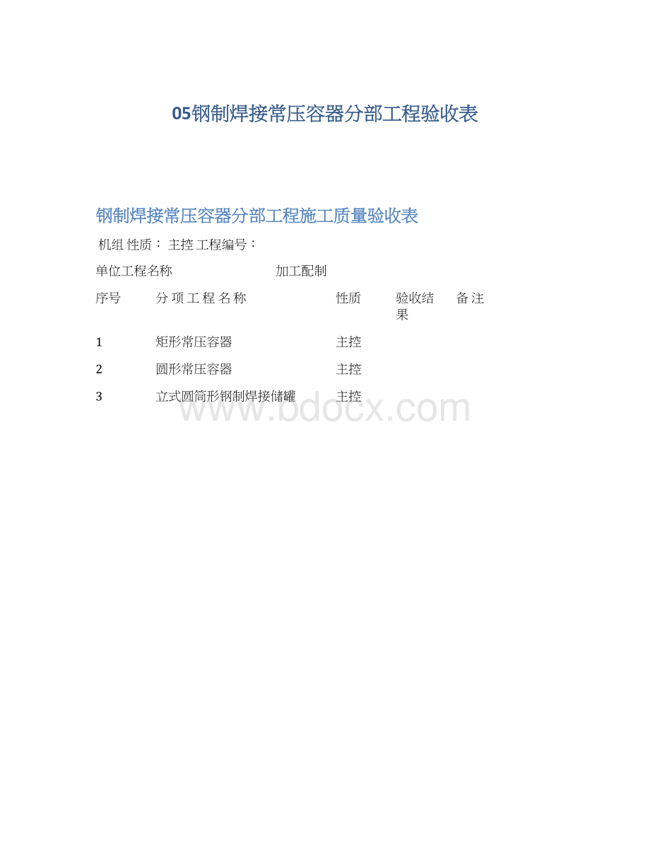 05钢制焊接常压容器分部工程验收表.docx_第1页