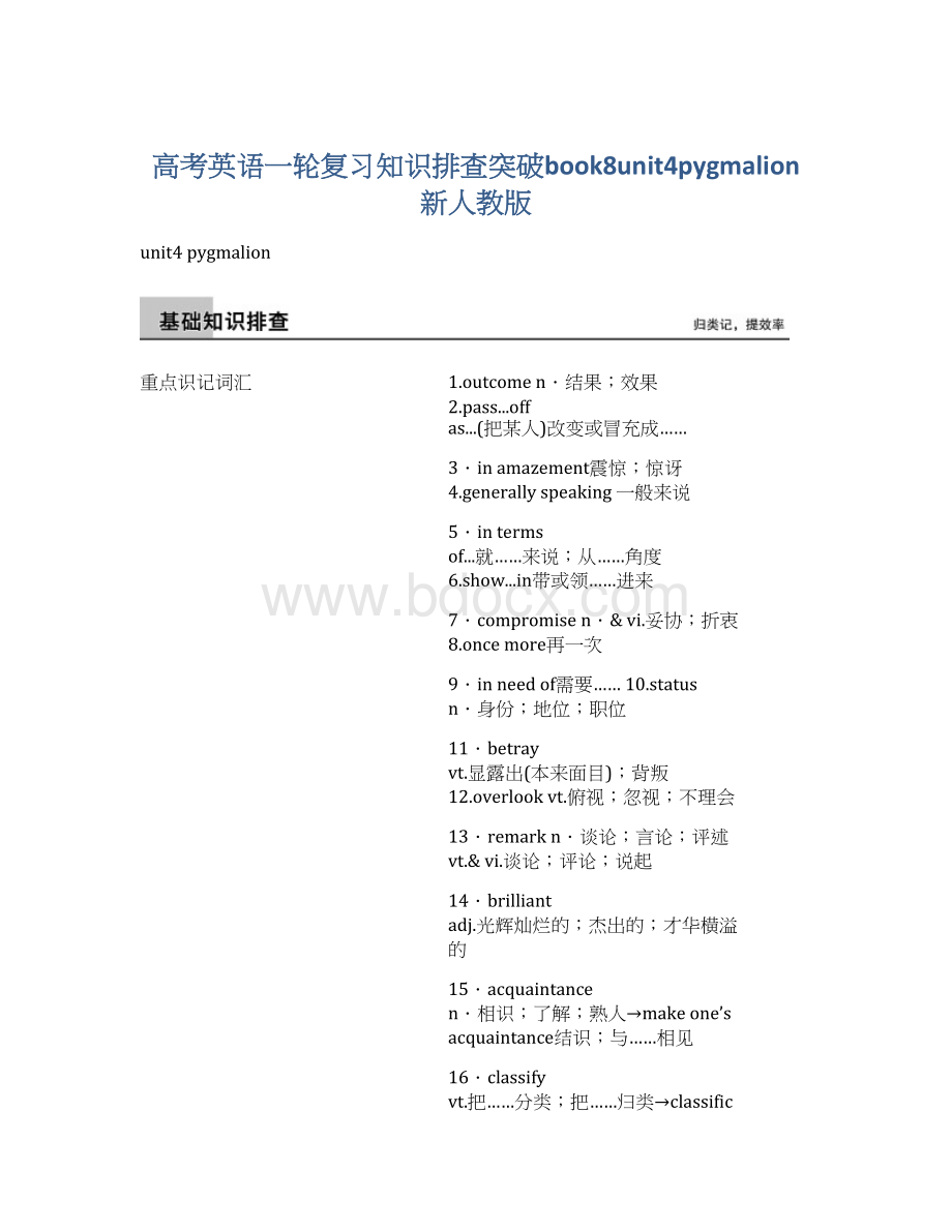 高考英语一轮复习知识排查突破book8unit4pygmalion新人教版.docx