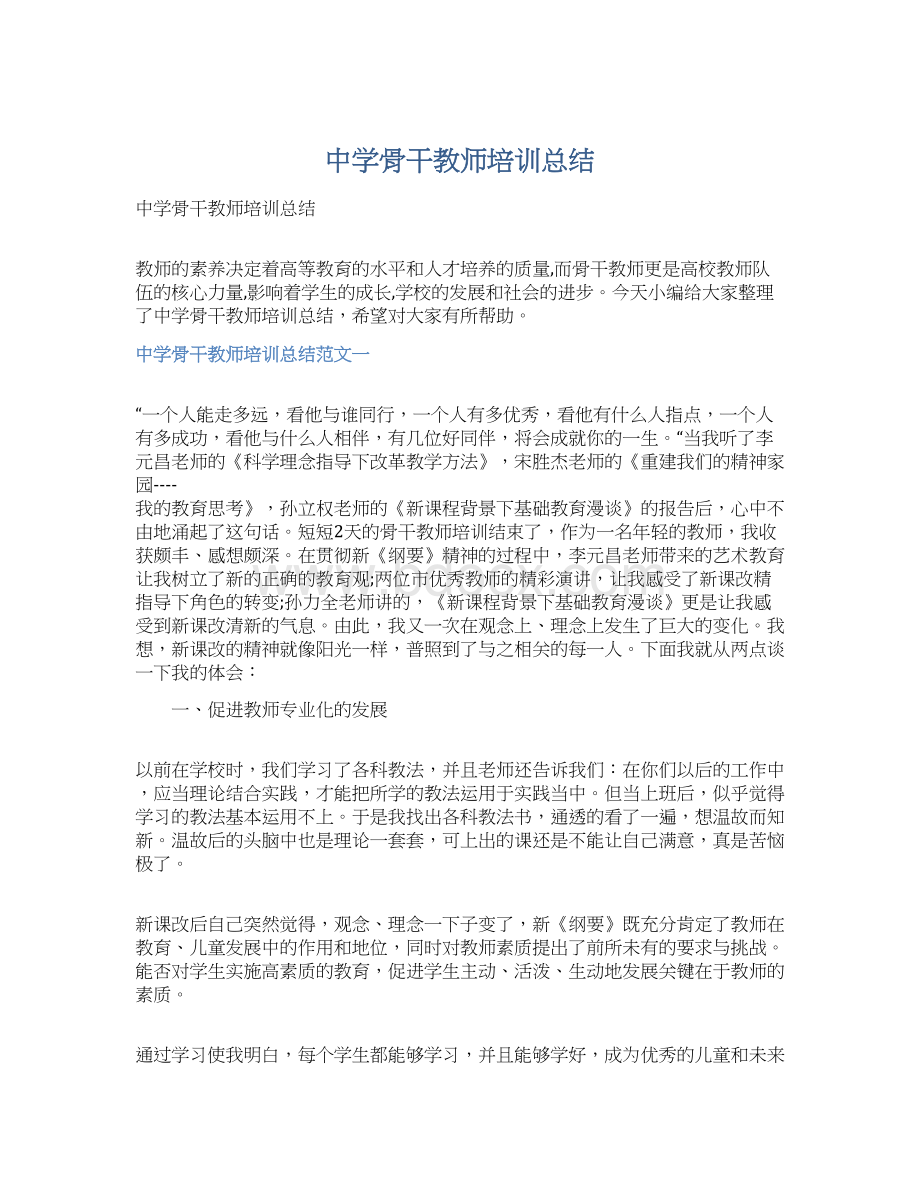 中学骨干教师培训总结Word格式文档下载.docx_第1页