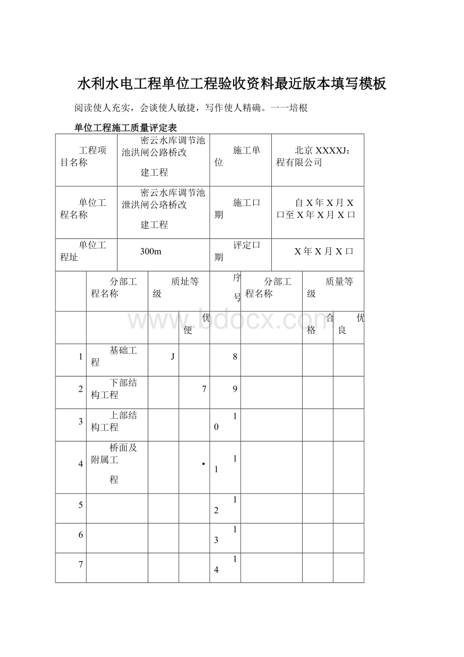 水利水电工程单位工程验收资料最近版本填写模板.docx_第1页