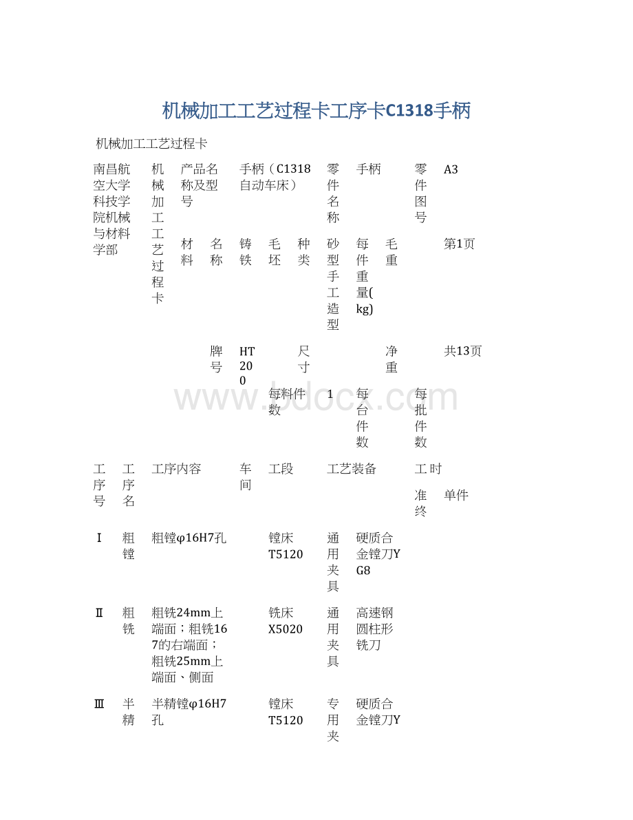 机械加工工艺过程卡工序卡C1318手柄.docx