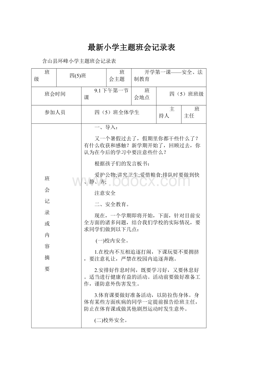 最新小学主题班会记录表Word格式.docx