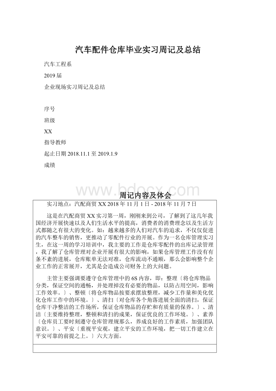 汽车配件仓库毕业实习周记及总结Word下载.docx_第1页