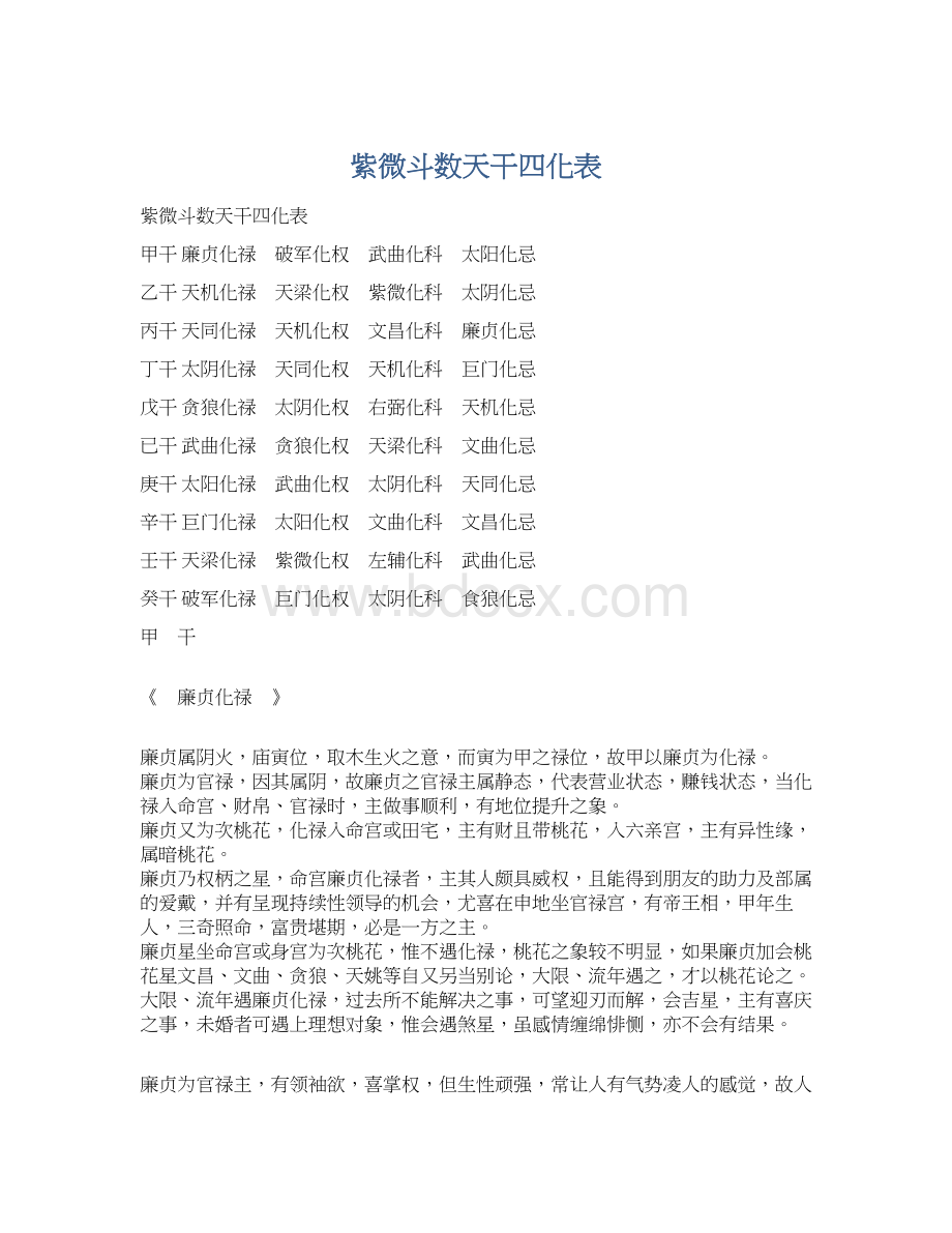 紫微斗数天干四化表.docx