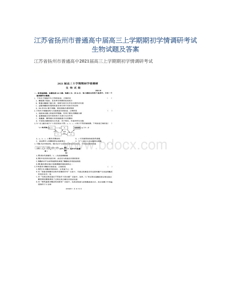 江苏省扬州市普通高中届高三上学期期初学情调研考试生物试题及答案Word格式文档下载.docx_第1页