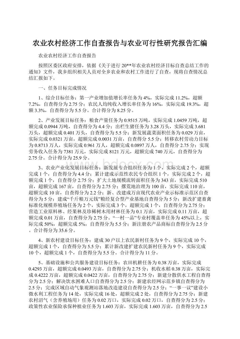 农业农村经济工作自查报告与农业可行性研究报告汇编.docx_第1页