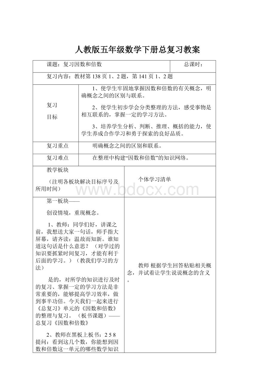 人教版五年级数学下册总复习教案.docx