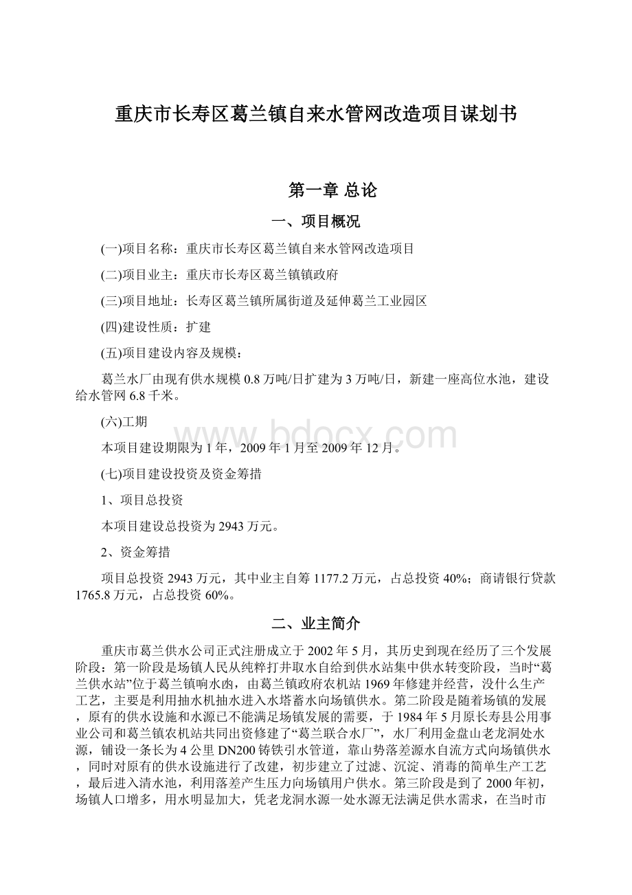 重庆市长寿区葛兰镇自来水管网改造项目谋划书Word格式文档下载.docx