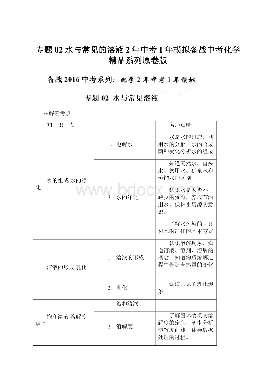 专题02 水与常见的溶液2年中考1年模拟备战中考化学精品系列原卷版Word格式.docx