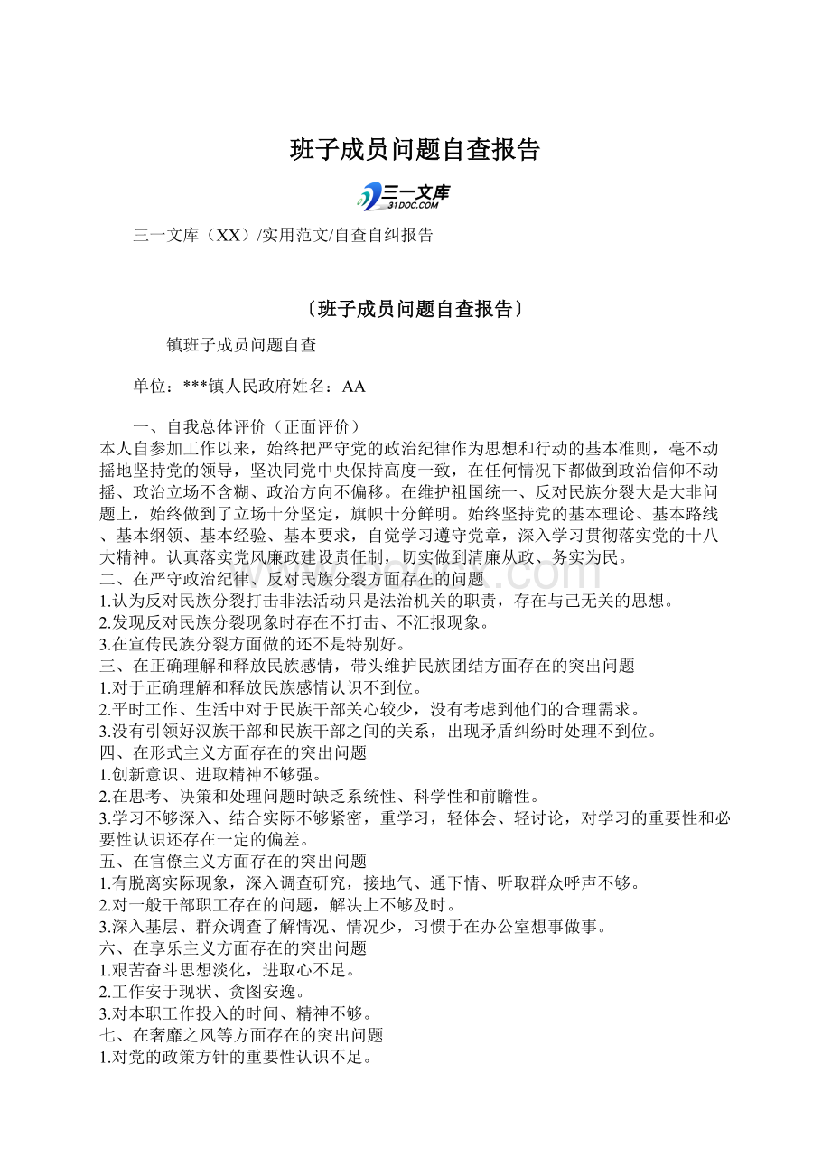 班子成员问题自查报告.docx_第1页