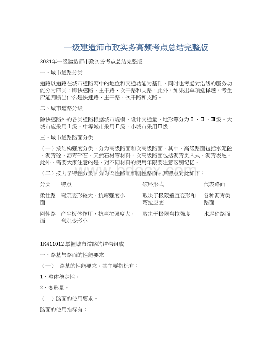 一级建造师市政实务高频考点总结完整版.docx_第1页