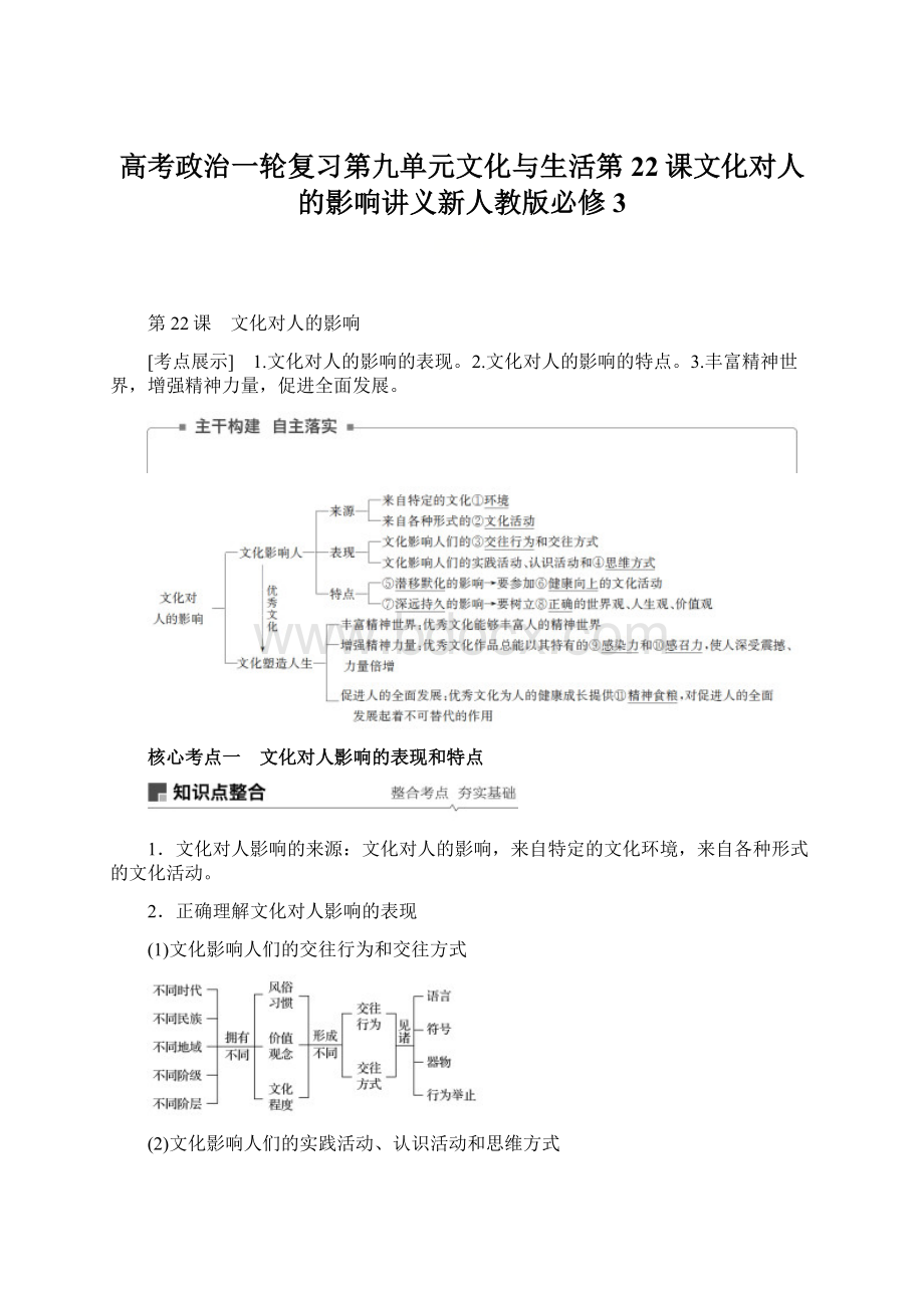 高考政治一轮复习第九单元文化与生活第22课文化对人的影响讲义新人教版必修3.docx