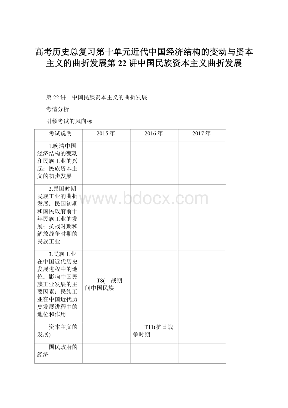 高考历史总复习第十单元近代中国经济结构的变动与资本主义的曲折发展第22讲中国民族资本主义曲折发展Word文档格式.docx