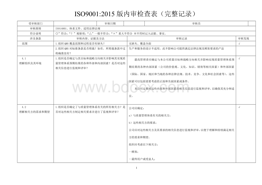 ISO9001-2015内审检查表(含检查记录)Word文件下载.doc