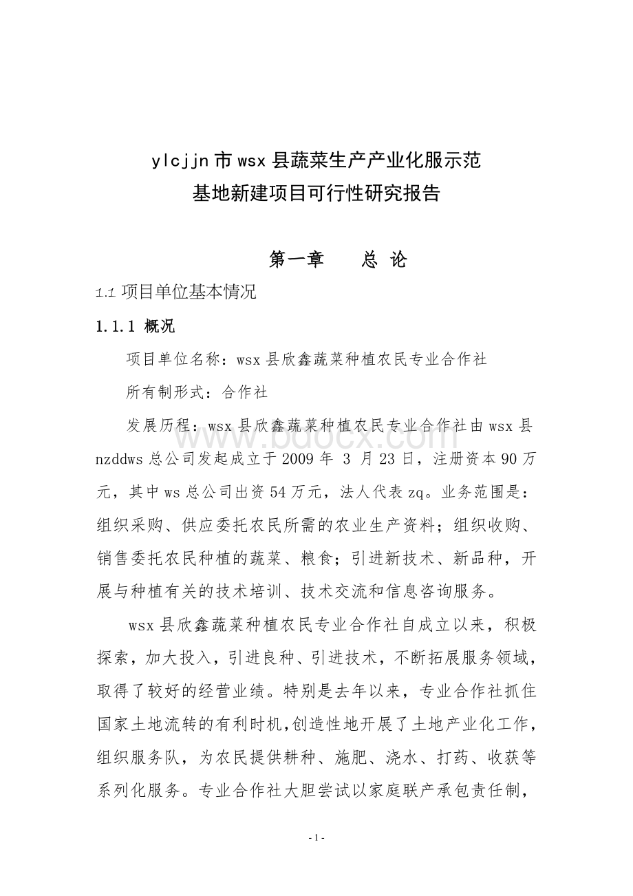 sdjn市ws县蔬菜生产产业化示范基地新建项目可行性研究报告Word格式.docx_第1页