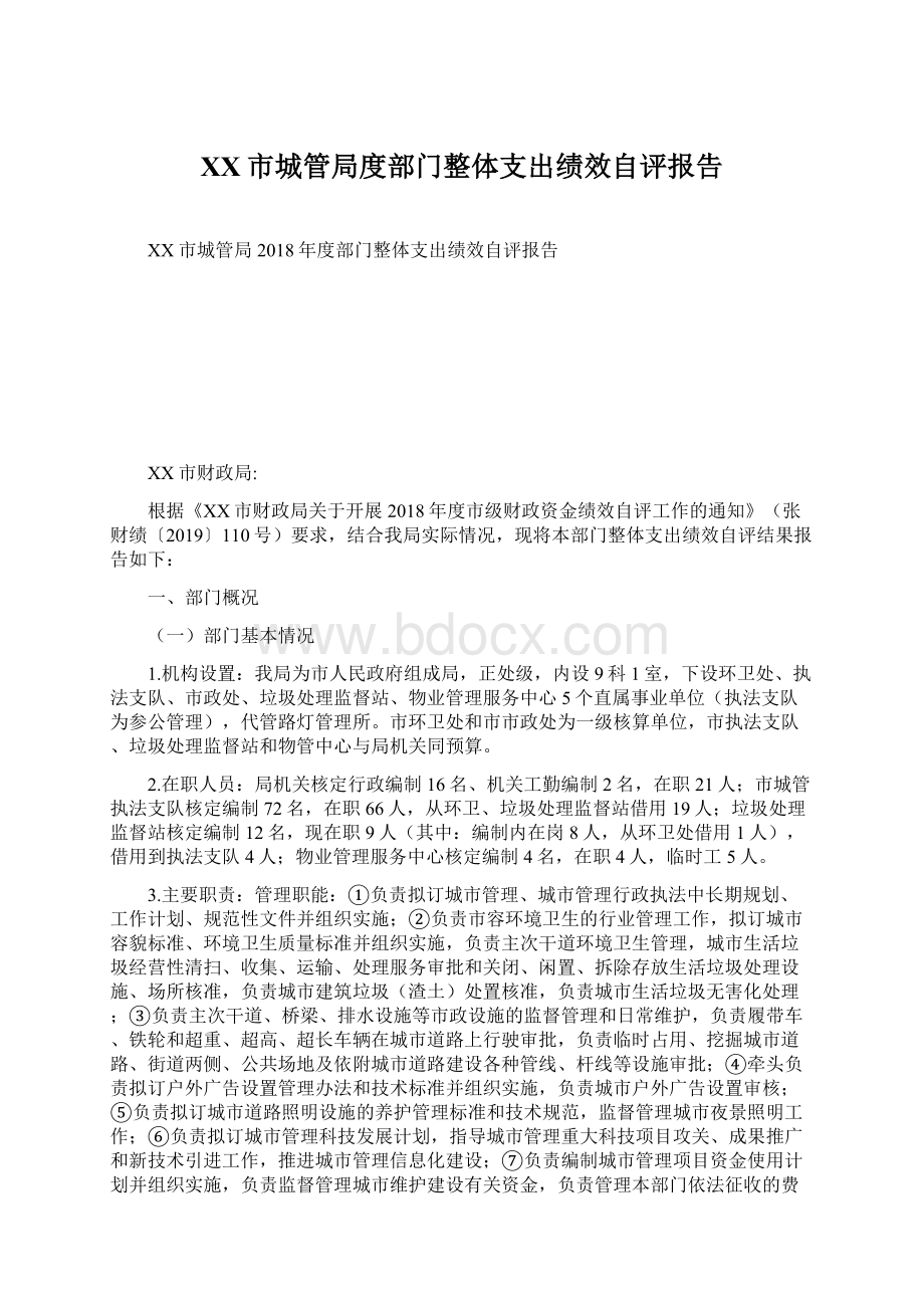 XX市城管局度部门整体支出绩效自评报告.docx_第1页