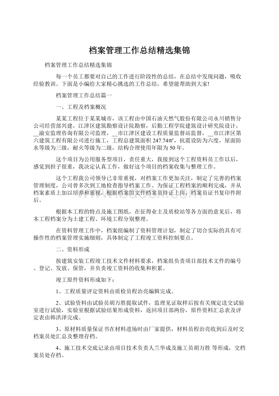 档案管理工作总结精选集锦文档格式.docx