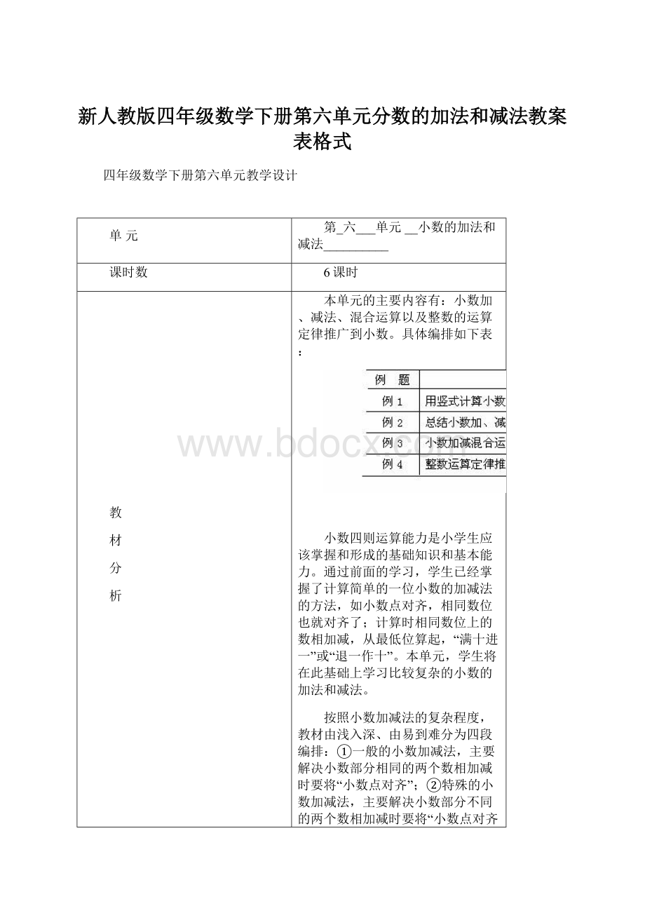 新人教版四年级数学下册第六单元分数的加法和减法教案表格式.docx_第1页