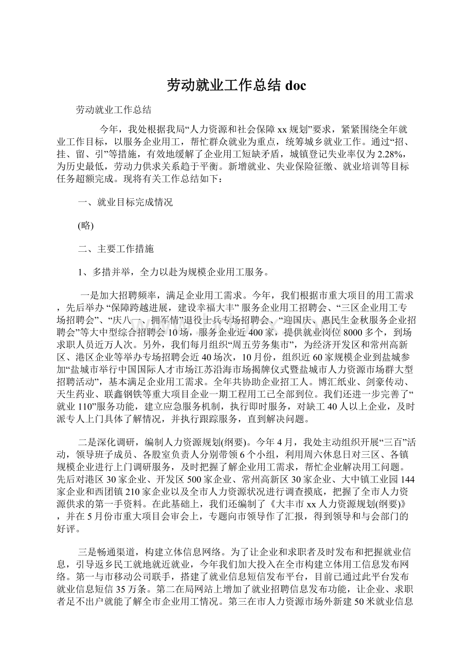 劳动就业工作总结doc文档格式.docx