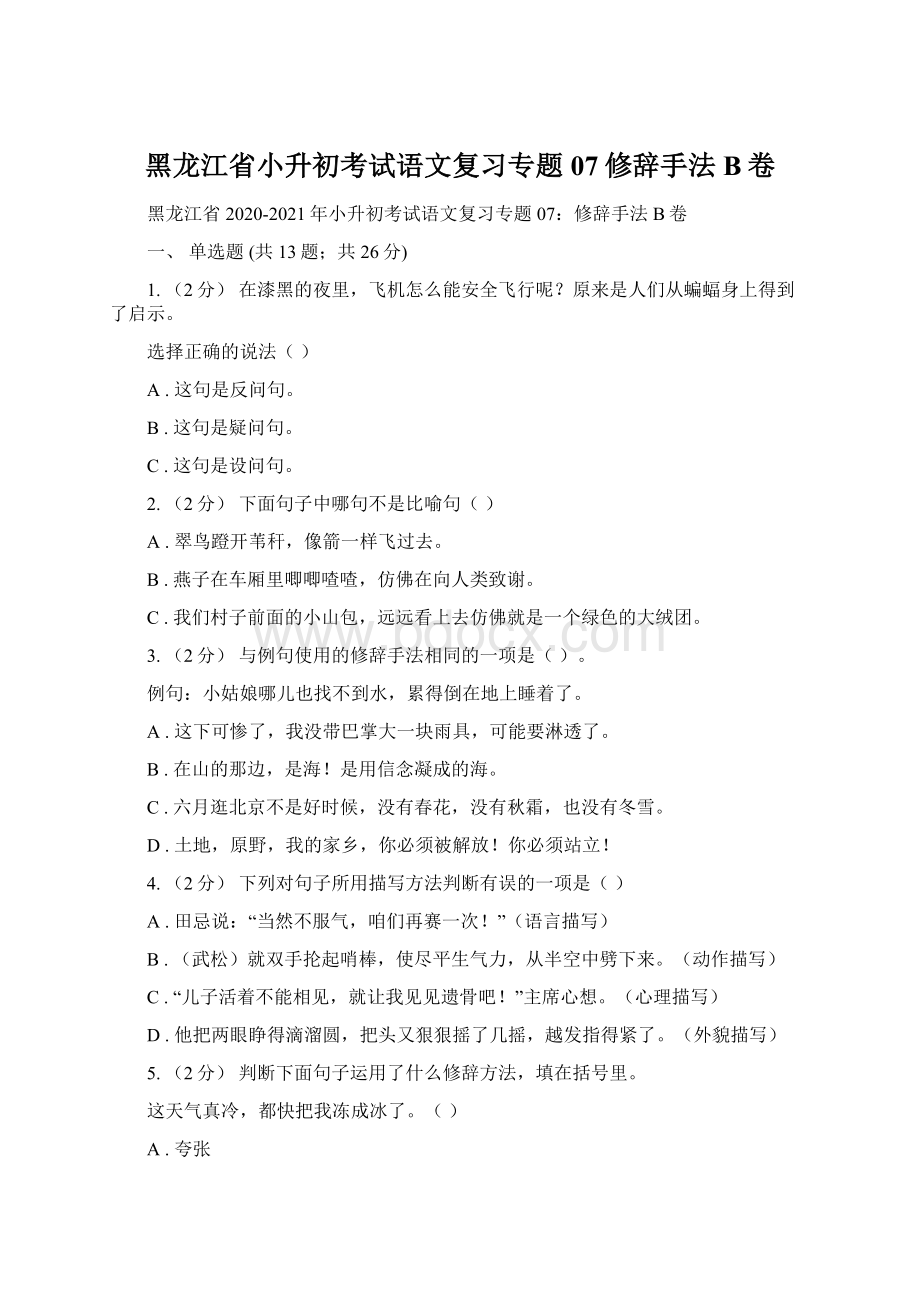 黑龙江省小升初考试语文复习专题07修辞手法B卷Word格式文档下载.docx_第1页