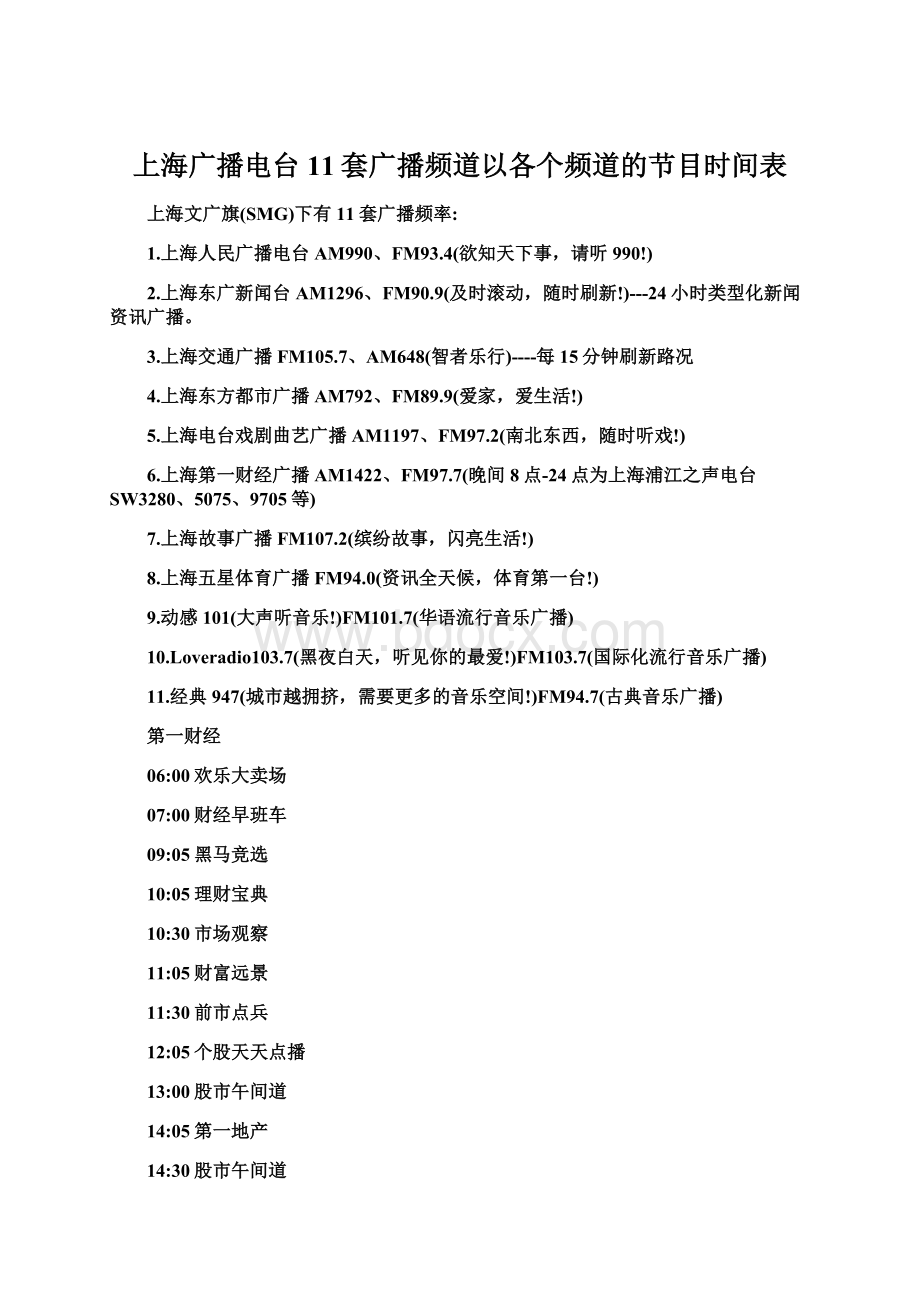 上海广播电台11套广播频道以各个频道的节目时间表.docx
