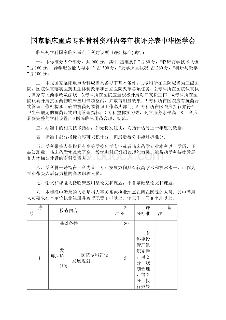 国家临床重点专科骨科资料内容审核评分表中华医学会Word下载.docx