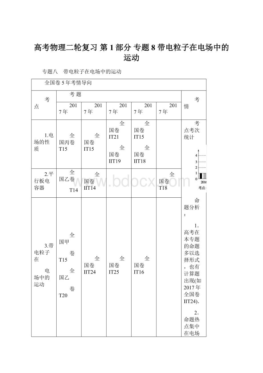 高考物理二轮复习 第1部分 专题8 带电粒子在电场中的运动文档格式.docx