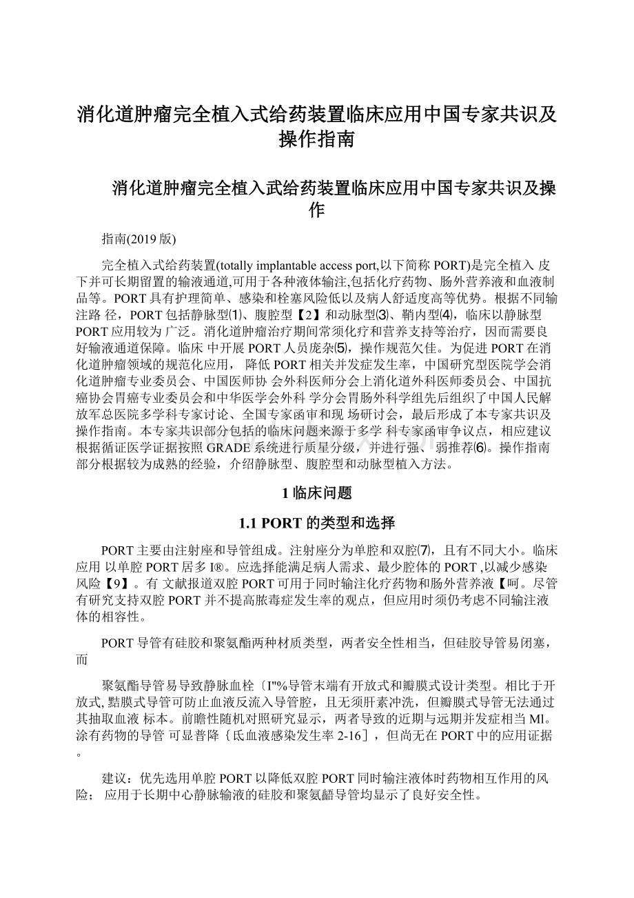 消化道肿瘤完全植入式给药装置临床应用中国专家共识及操作指南文档格式.docx_第1页