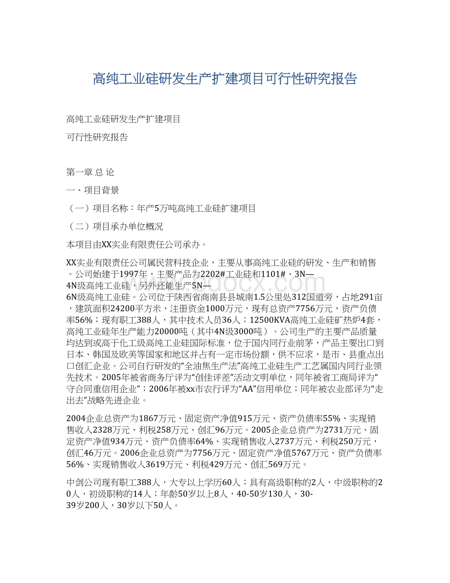 高纯工业硅研发生产扩建项目可行性研究报告文档格式.docx_第1页