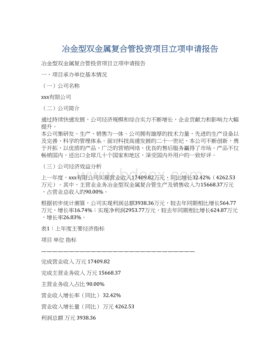 冶金型双金属复合管投资项目立项申请报告Word格式文档下载.docx_第1页